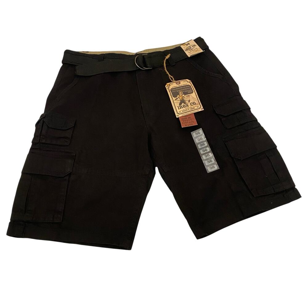 NWT Iron Co. Size 36 Black Heavy Vintage Wash 11" Cargo Shorts  with Belt